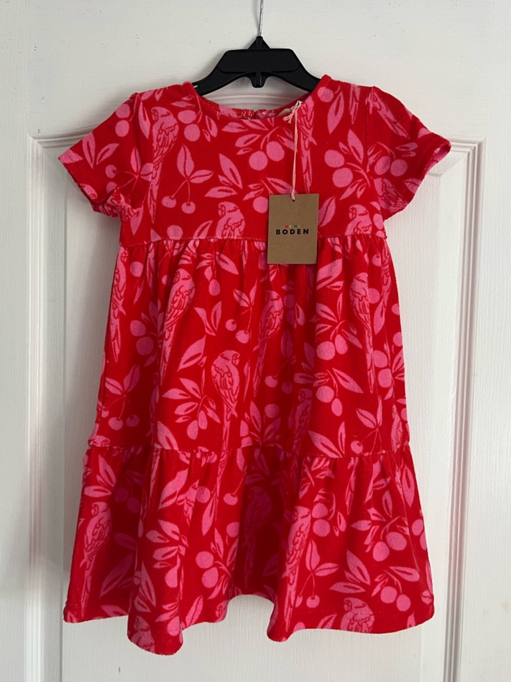 Mini Boden Red & Pink Dress with Bird and Floral Print. Size 3-4 Years. NWT